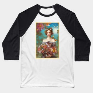 Painting of girl with roses and cat by Ziola Rosa - nature art deco rose Baseball T-Shirt